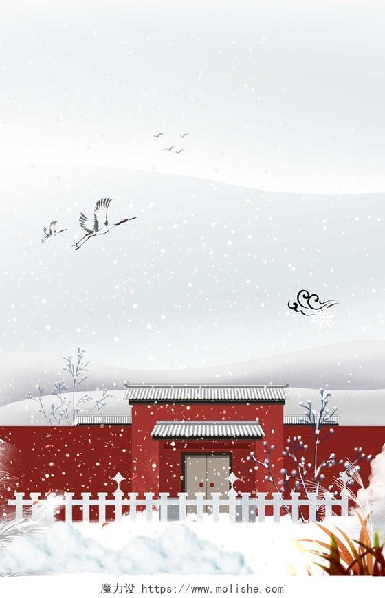 手绘中国风红色建筑大雪小雪冬至冬季冬天背景素材
